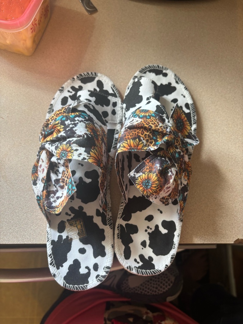 Cow print & sunflower sandals new super cute. Black & white with yellow sunflow